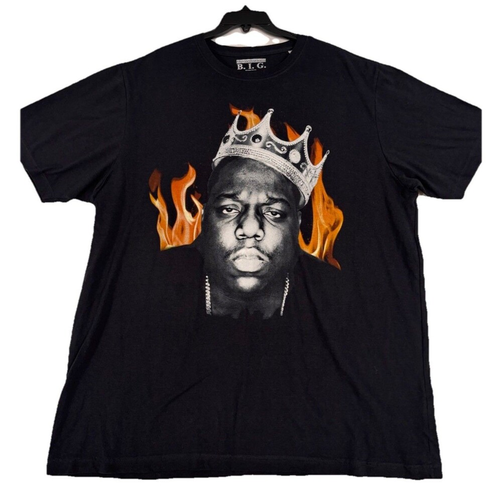 Notorious BIG Biggie Smalls Crown Flames Graphic T Shirt Black 2XL Rap Tee